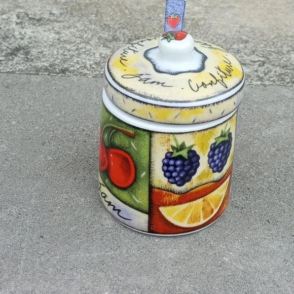 Decorative Ceramic Sugar Bowl & Spoon, Fruit: Strawberry Blueberry Cherry Orange - Picture 3 of 6